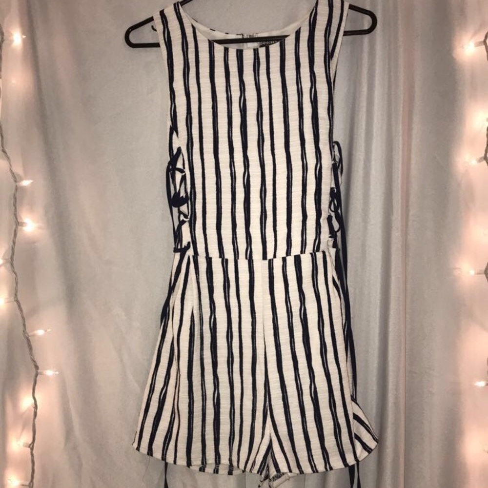 White & navy blue striped romper